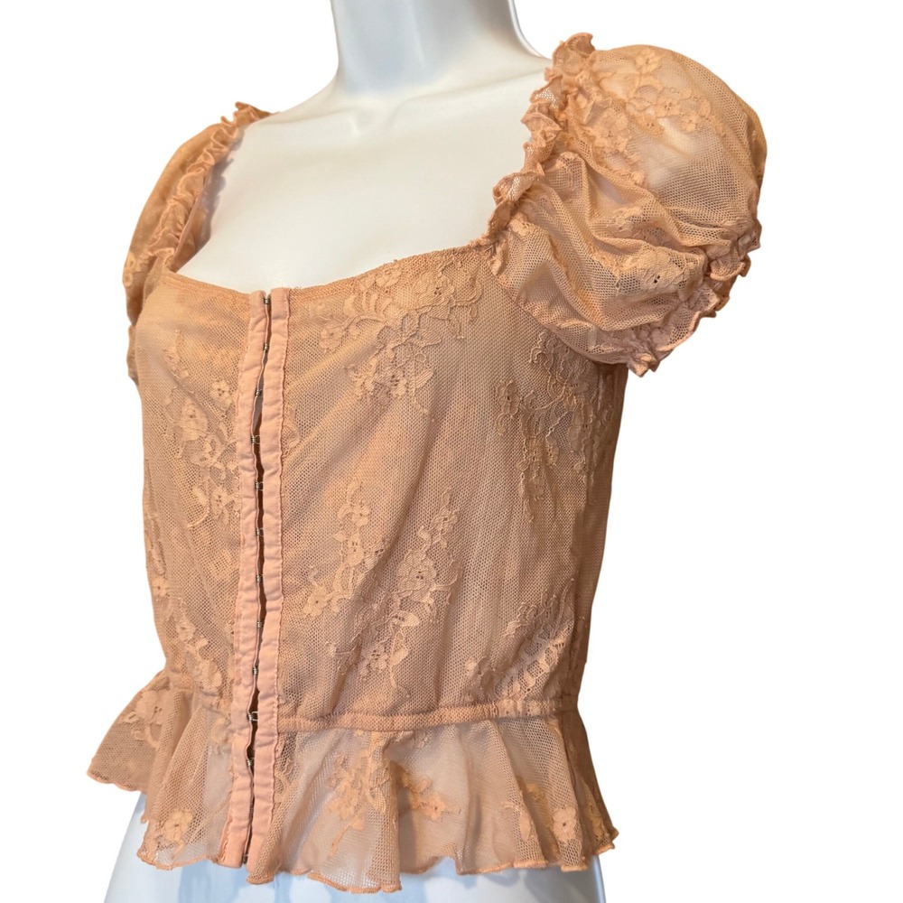 Sheer Lace Milkmaid Top S Peach Peplum Puff Sleeve Coquette Corset Fairy Pastel - Picture 2 of 9